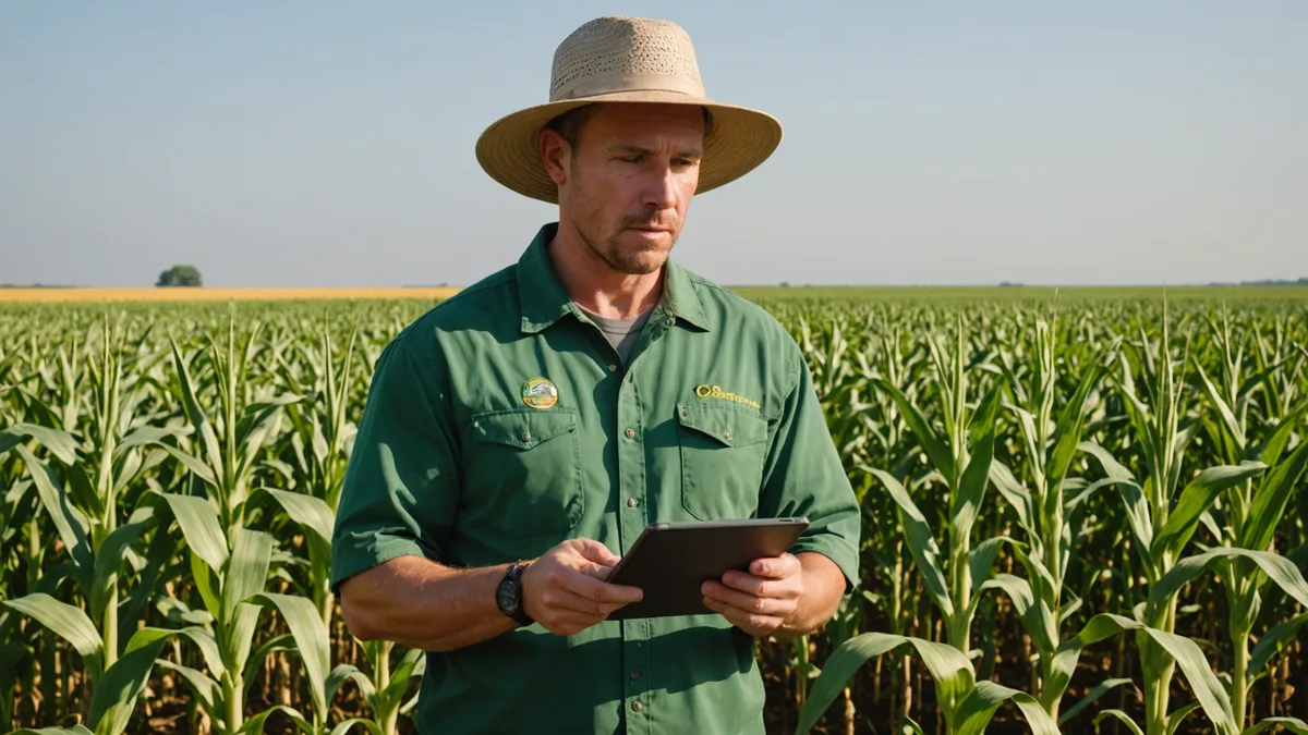 Agronomist reviewing AI-generated field analysis on a tablet in a corn field