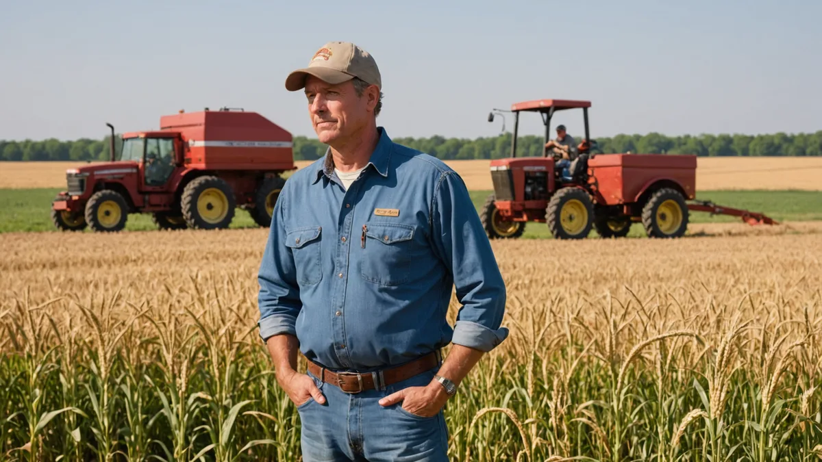 Independent farmer reviewing precision ag data on a laptop at a farm desk