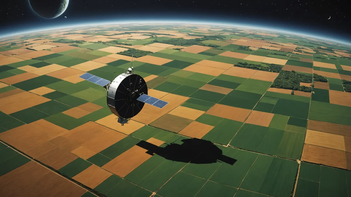 Satellite orbit diagram showing revisit frequency over agricultural fields